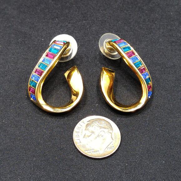 Vintage Swarovski Swan Logo Earrings, Gold Plated Rhinestone Hoop, 1990s Jewelry - Picture 10 of 10